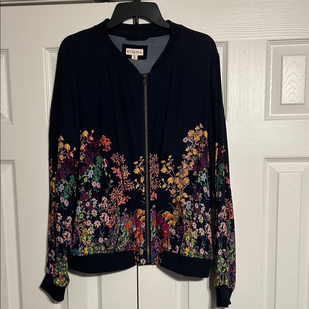 Merona Women's Bomber Jacket - Black with Multicolor Floral